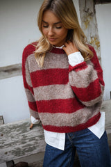 Burgundy Striped Knit Pullover Sweater