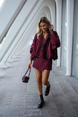 Burgundy Wrap Front Faux Seude Skort