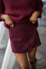 Burgundy Wrap Front Faux Seude Skort