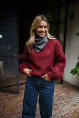 Burgundy Fuzzy Knit Pullover Sweater