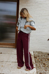 Burgundy Side Contrast Striped Waty Pants