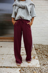 Burgundy Side Contrast Striped Waty Pants