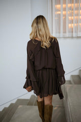Chocolate Long Sleeves Flounced Mini Dress