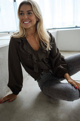 Chocolate Ruffled Neckline Chiffon Blouse