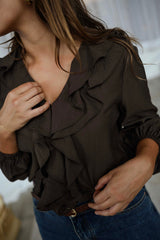 Chocolate Ruffled Neckline Chiffon Blouse