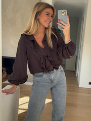 Chocolate Ruffled Neckline Chiffon Blouse