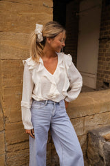 White Flounced Long Sleeves Blouse