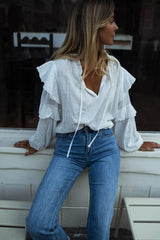 White Flounced Sleeves Chiffon Blouse