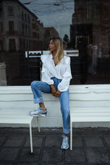 White Flounced Sleeves Chiffon Blouse