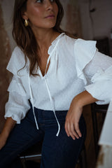 White Flounced Sleeves Chiffon Blouse