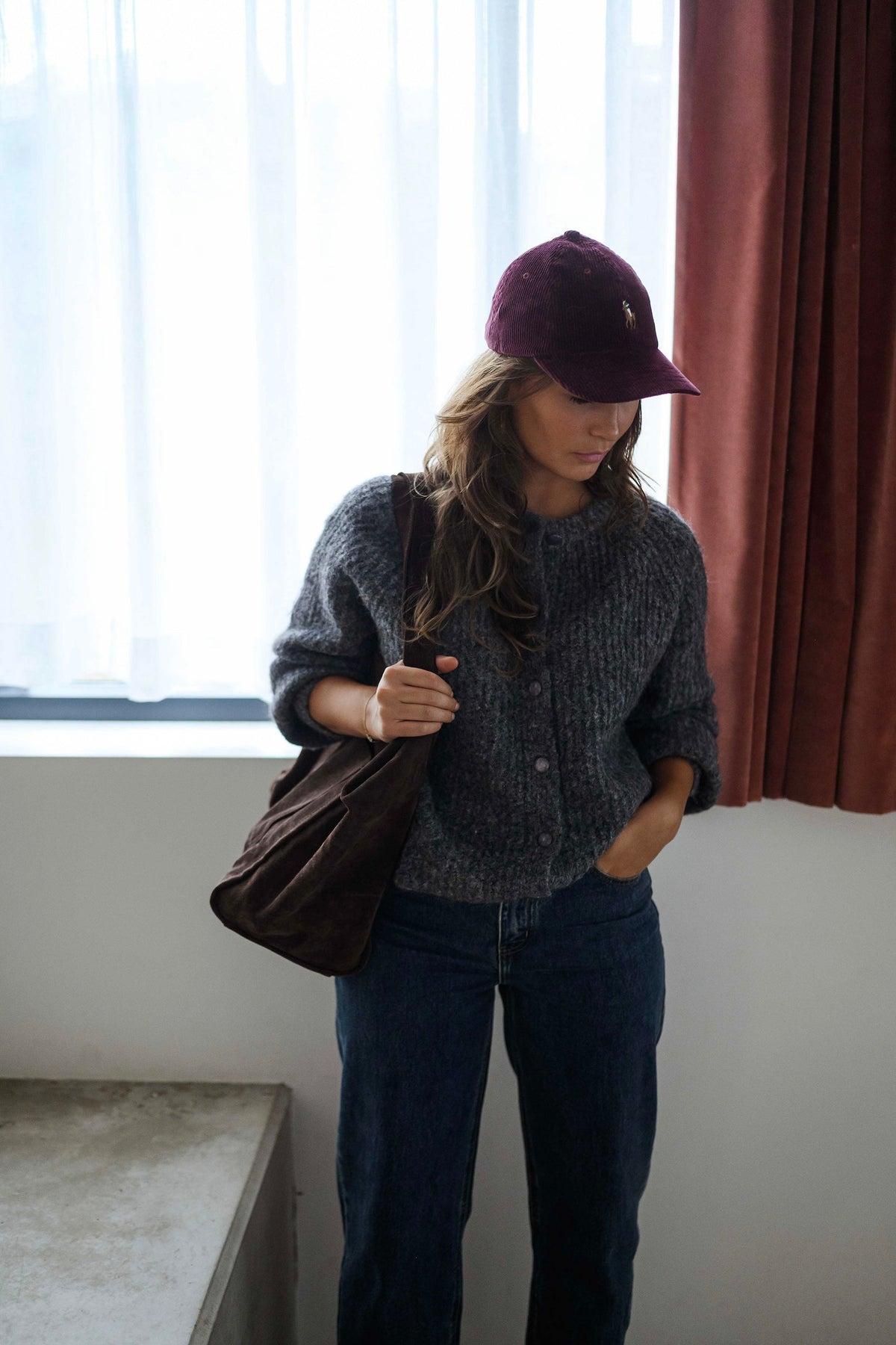 Deep Grey Ribbed Knit Cardigan