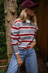 Grey Striped Button Down Knit Sweater