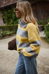 Grey and Yellow Striped Zippered Cardigan