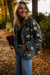 Green Floral Patterned Fleece Coat