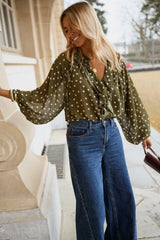 Green Polka Dot Print Chiffon Blouse