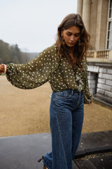 Green Polka Dot Print Chiffon Blouse