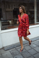 Red Floral Long Sleeves Mini Dress