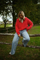 Red Front Zipper Hooded Cardigan