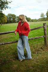 Red Front Zipper Hooded Cardigan