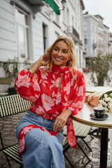 Red Floral Neck-Tie Chiffon Blouse
