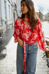 Red Floral Neck-Tie Chiffon Blouse