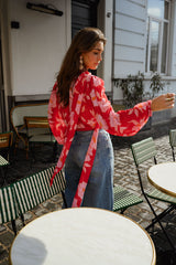 Red Floral Neck-Tie Chiffon Blouse