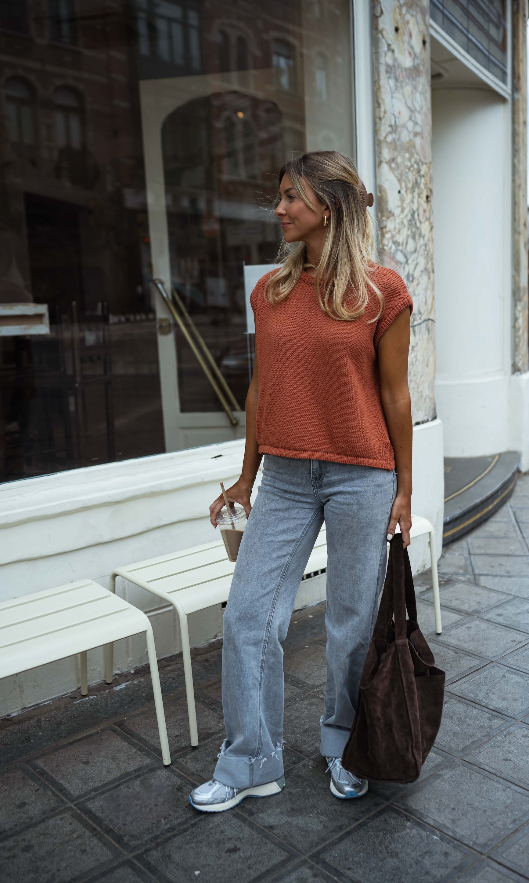 Brown Knit Sleeveless Sweater Top