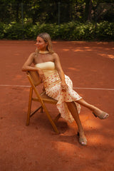 Yellow Floral Satin Midi Skirt
