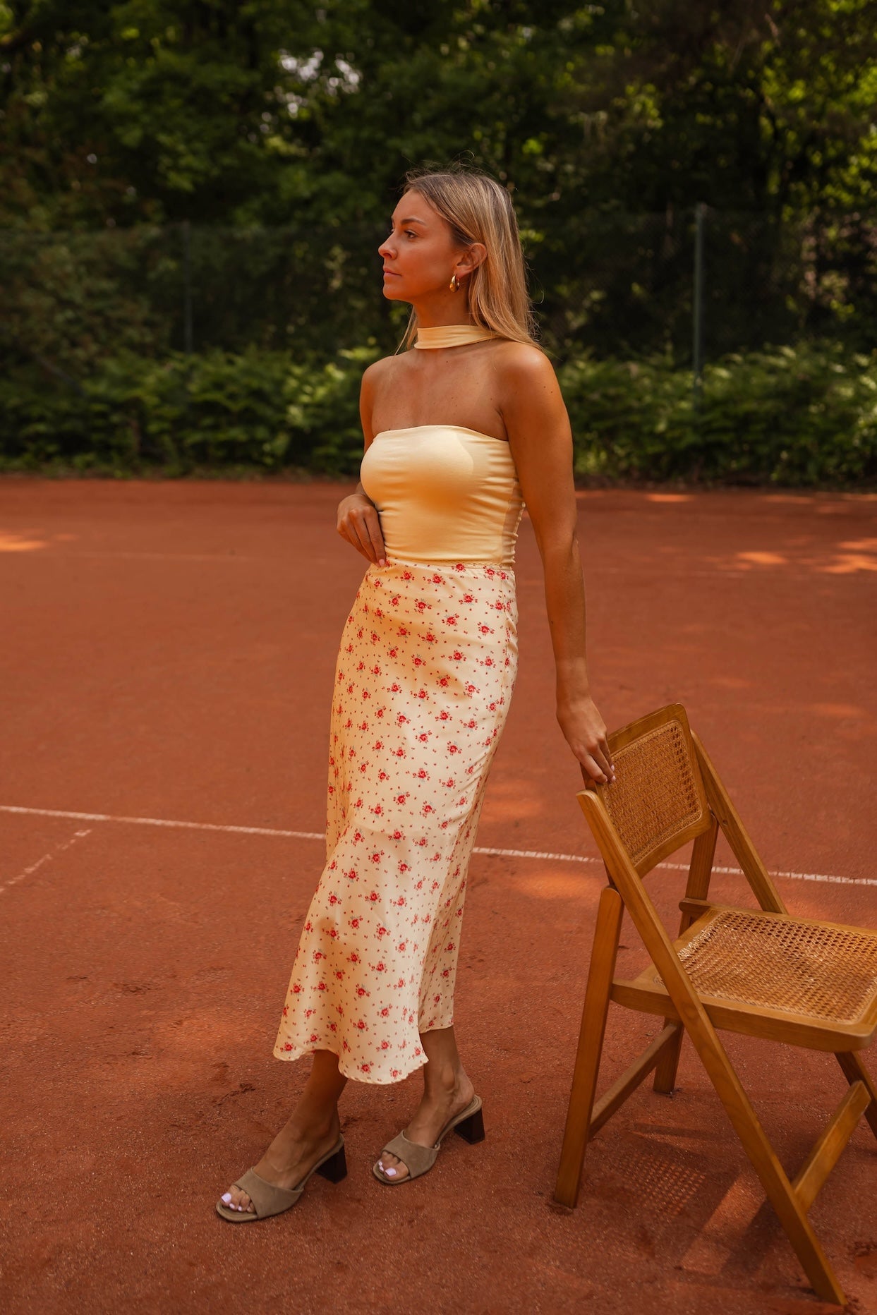 Yellow Floral Satin Midi Skirt
