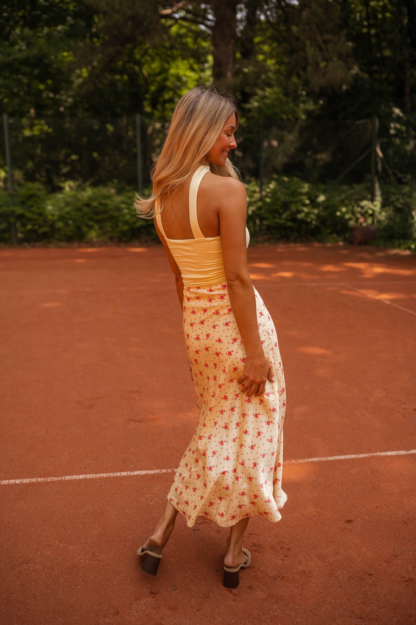 Yellow Floral Satin Midi Skirt