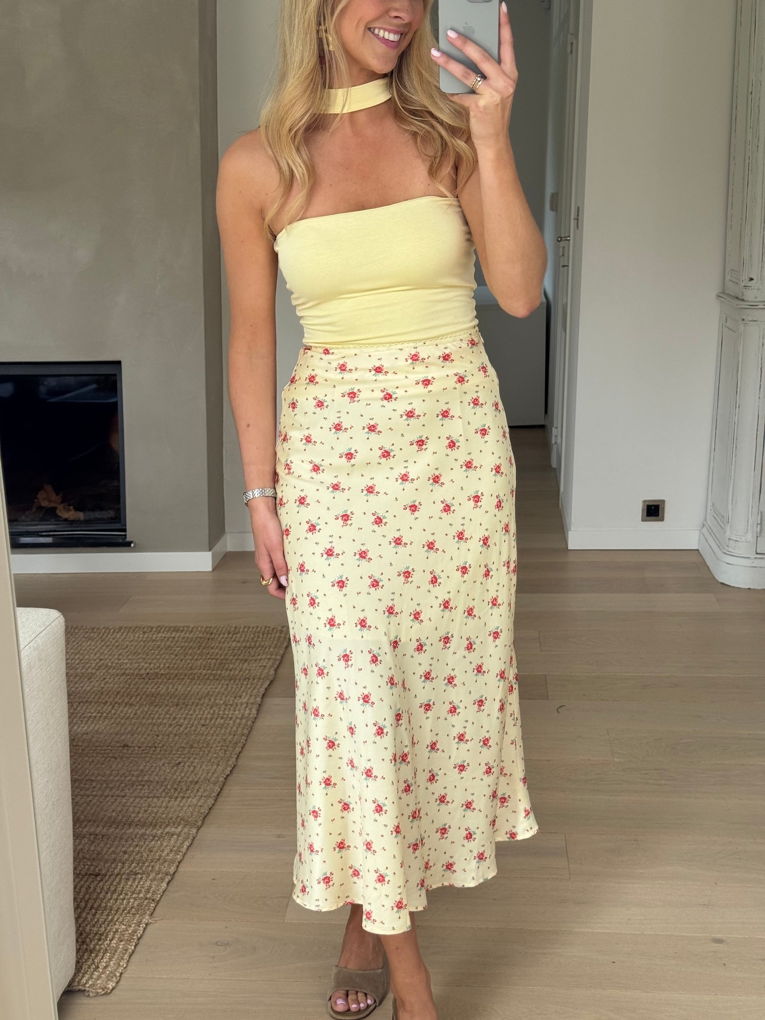 Yellow Floral Satin Midi Skirt