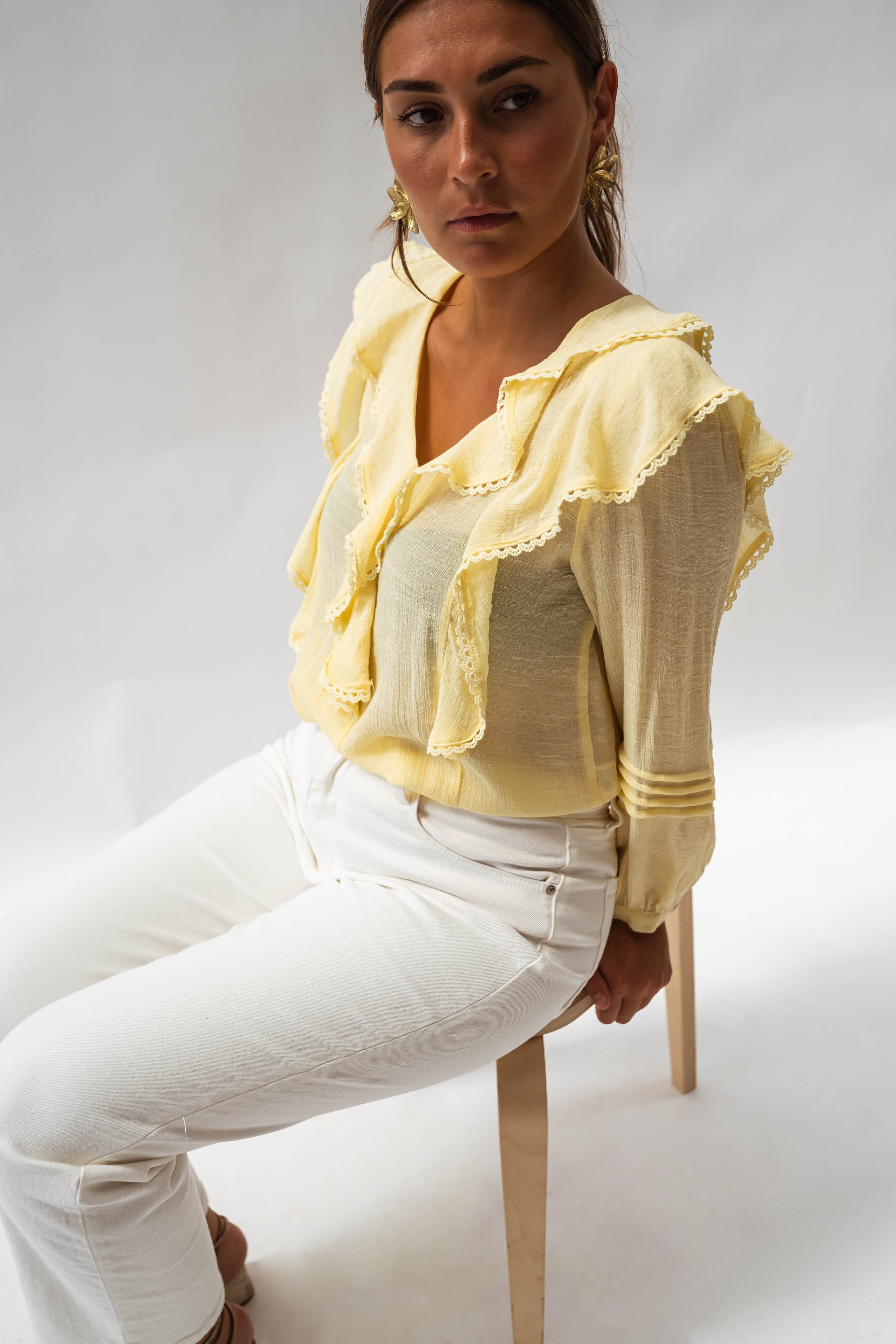 Yellow Frilled Long Sleeves Blouse