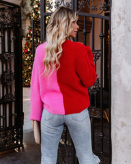 Frostine Button Front Colorblock Cardigan - Pink Red