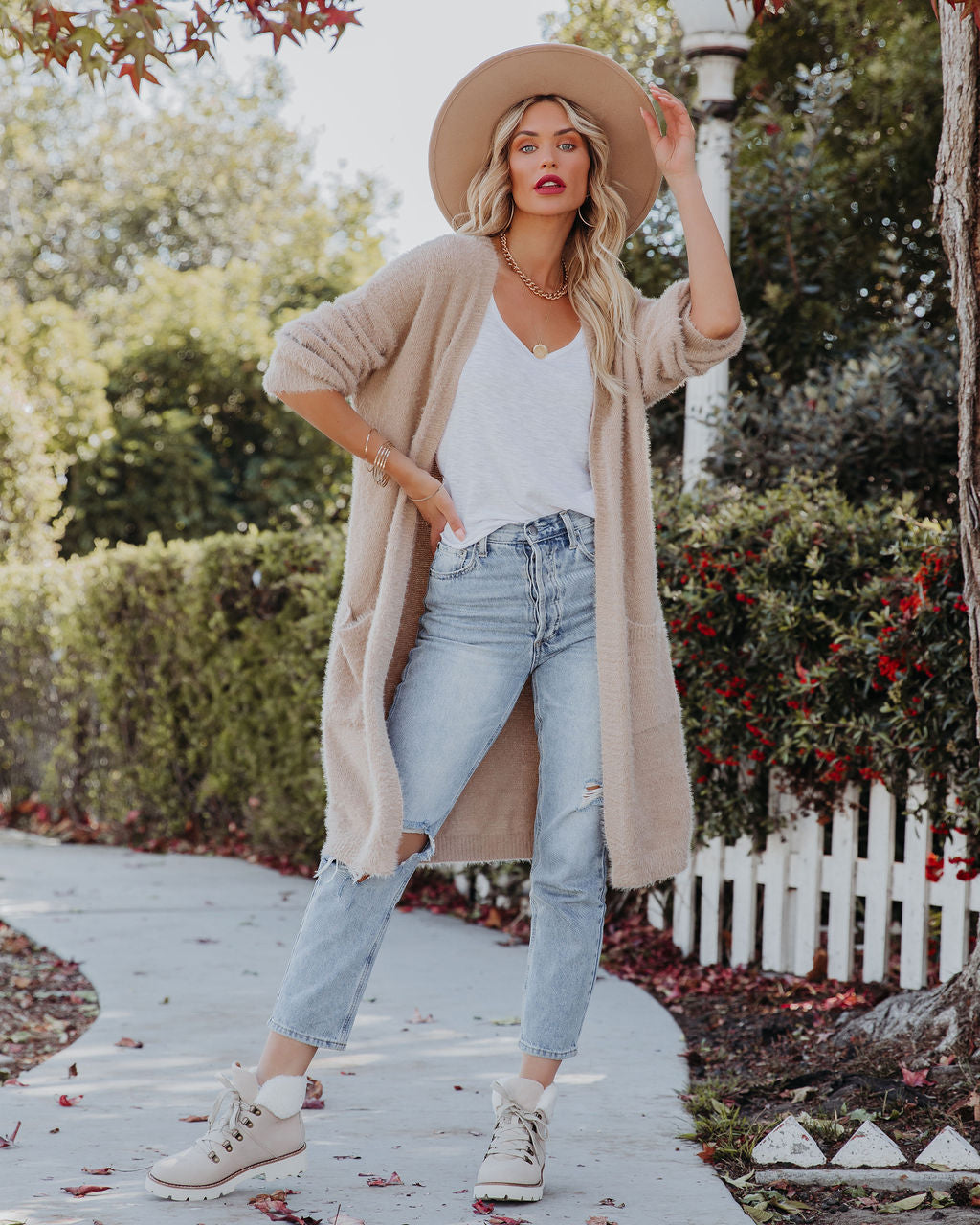Glorious Pocketed Fuzzy Knit Cardigan - Taupe