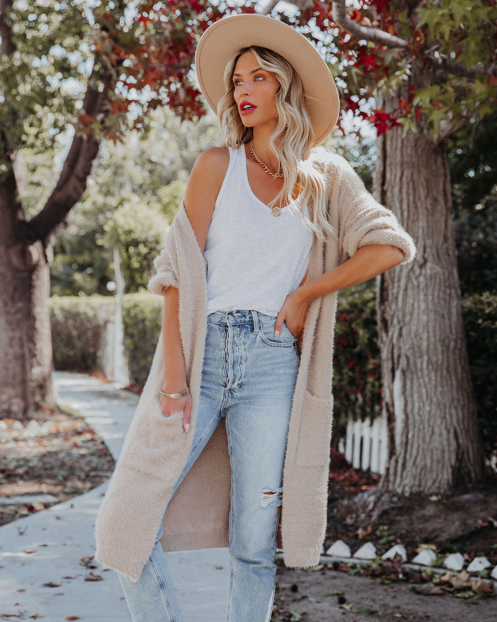 Glorious Pocketed Fuzzy Knit Cardigan - Taupe