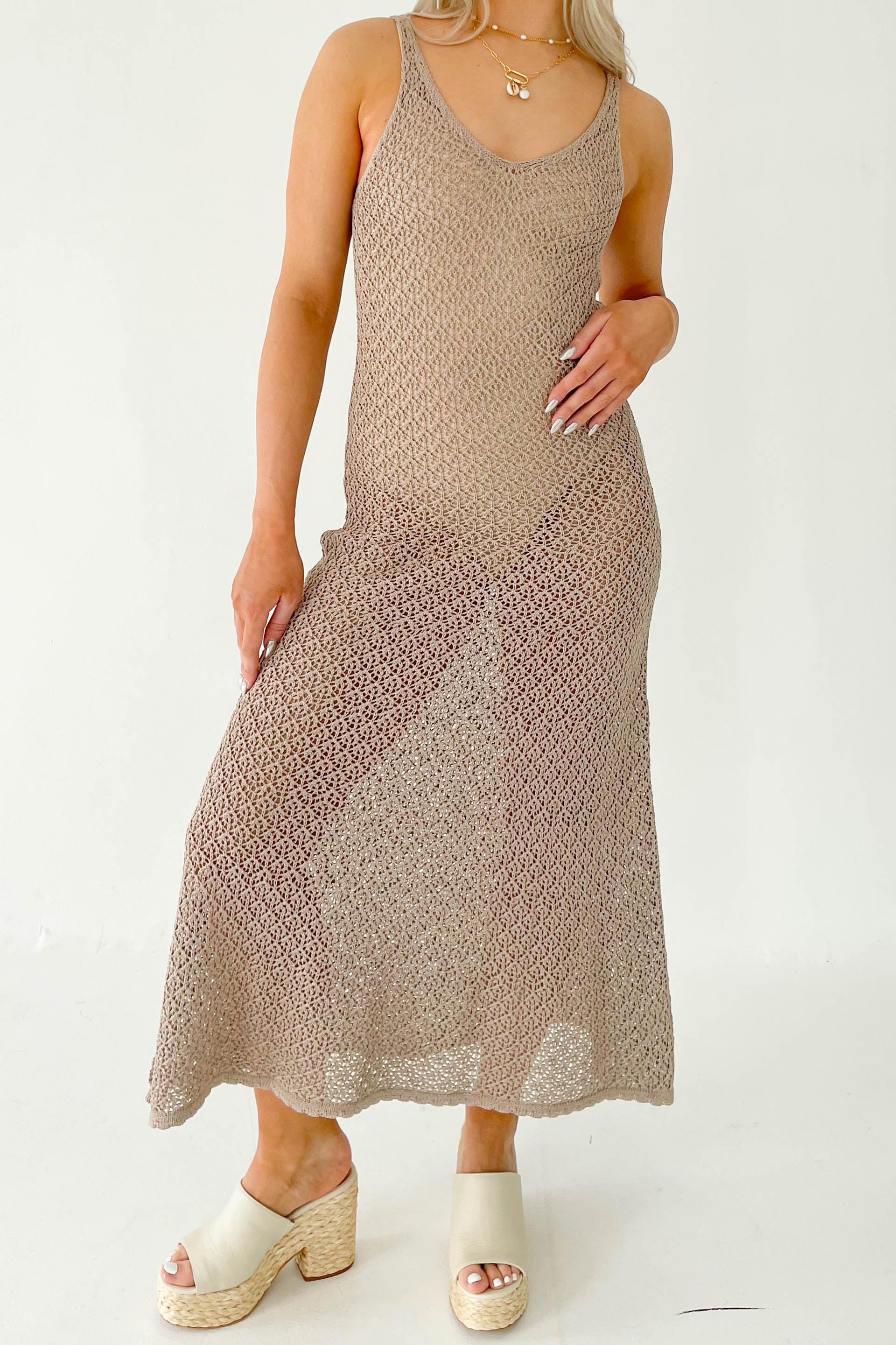 Khaki Crochet Knit Midi Dress