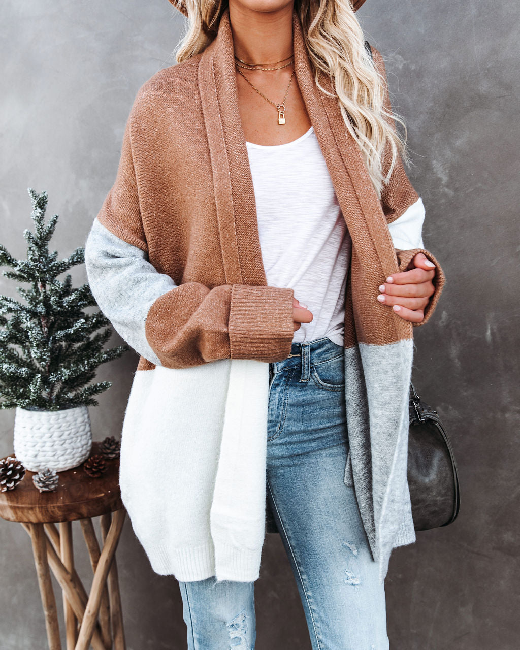 Laney Pocketed Colorblock Knit Cardigan - Camel
