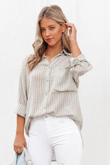 Leonce Striped Button Down Top - Taupe