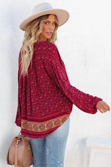 Luana Printed Peasant Top - Burgundy