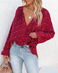 Luana Printed Peasant Top - Burgundy