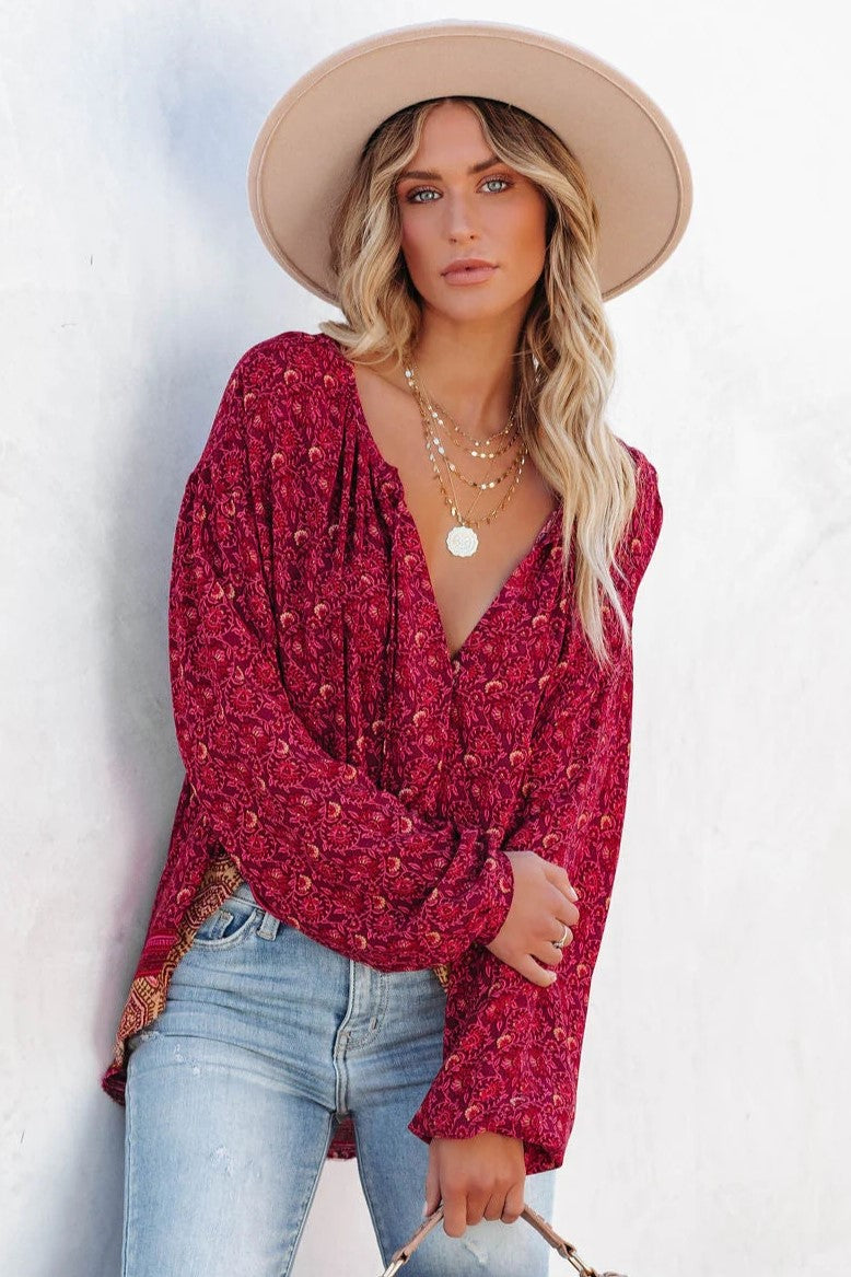 Luana Printed Peasant Top - Burgundy