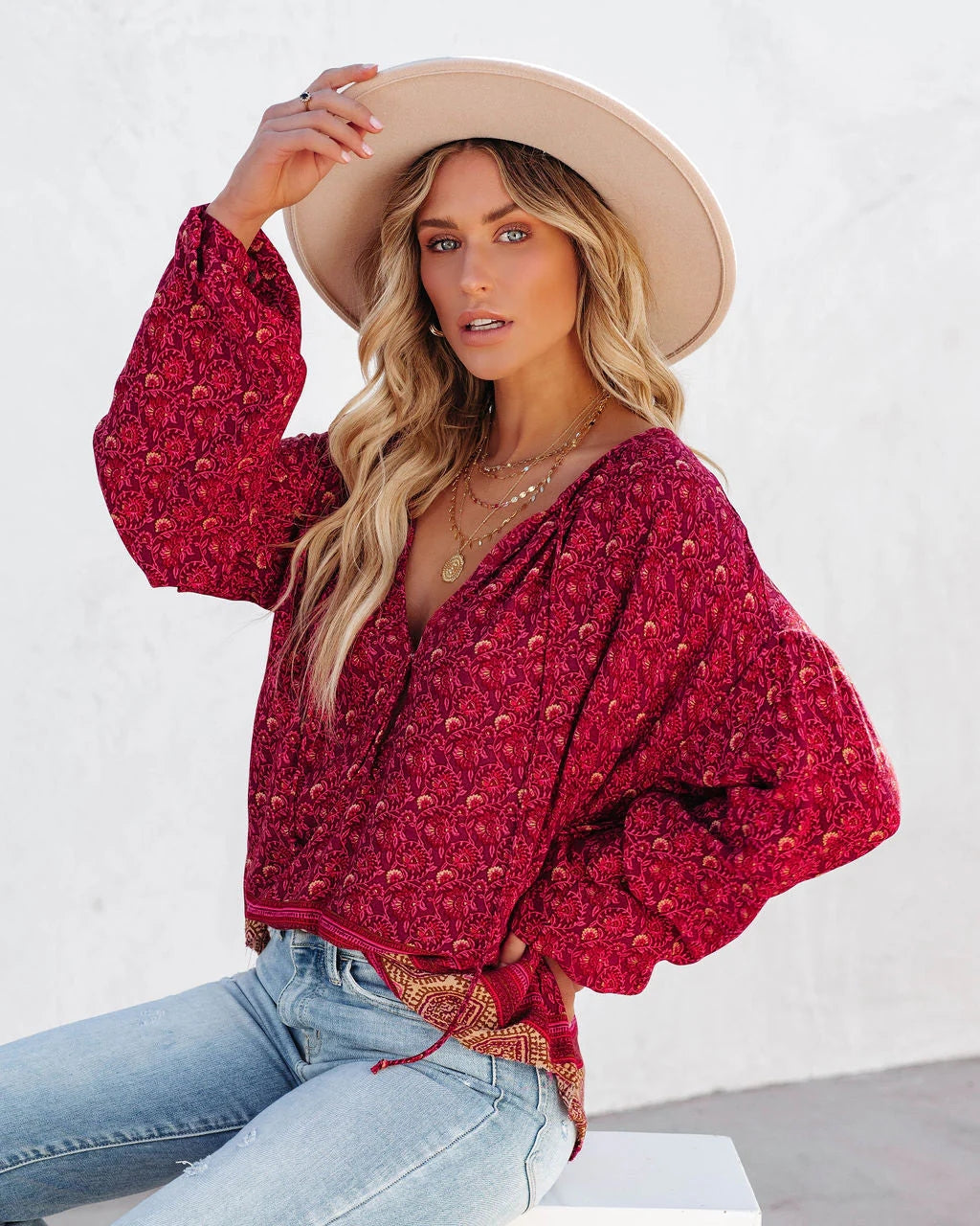 Luana Printed Peasant Top - Burgundy