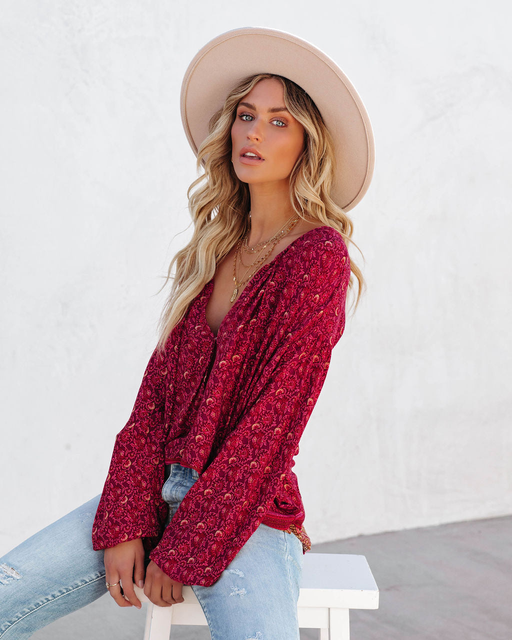 Luana Printed Peasant Top - Burgundy