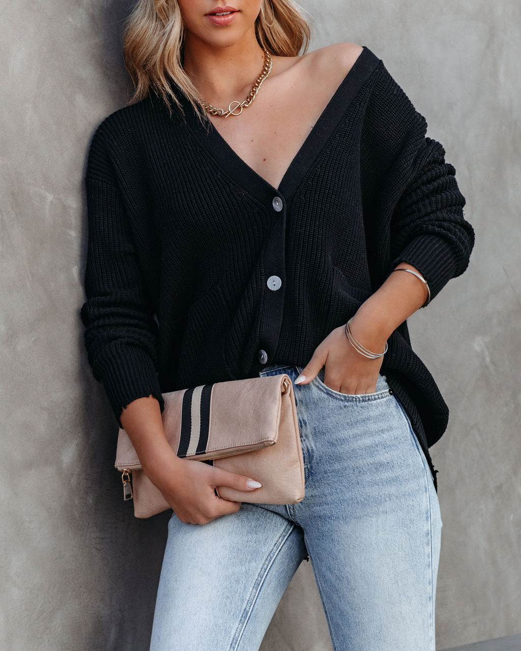 Mindy Cotton Pocketed Button Front Cardigan - Black