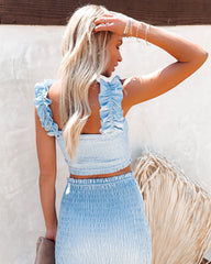Pace Linen Blend Smocked Crop Top - Light Blue