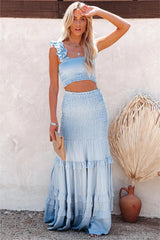 Pace Linen Blend Smocked Crop Top - Light Blue