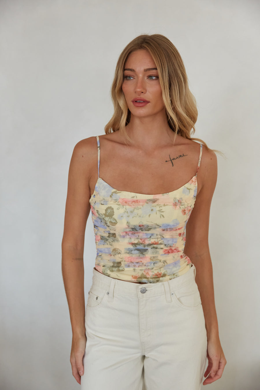 Penelope Ruched Floral Mesh Top