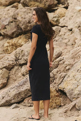 Black Front Button Down Midi Dress