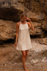 Beige Sequined Sleeveless Mini Dress