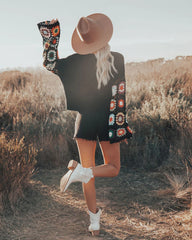 Black Tribal Floral Sleeves Knit Sweater